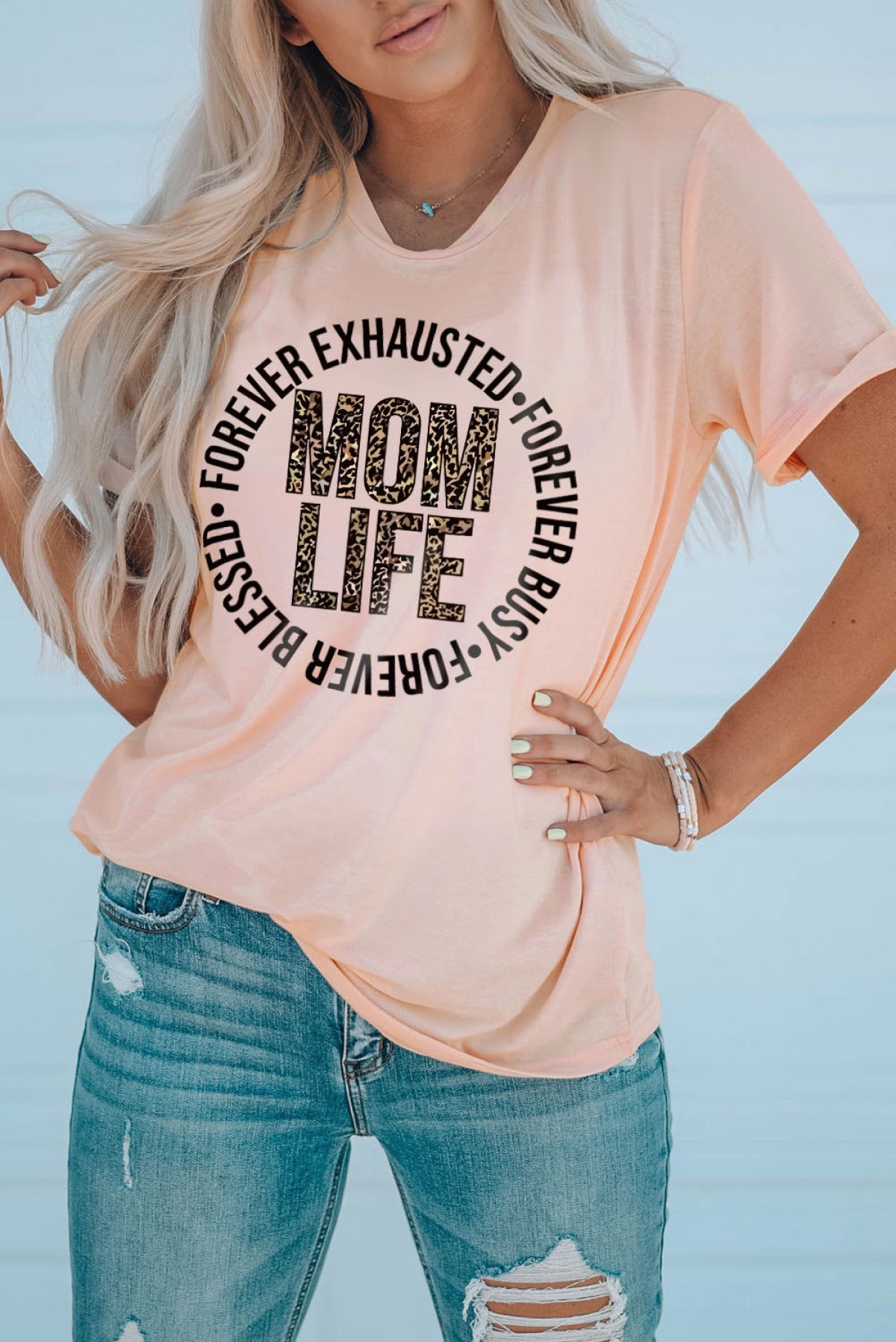 MOM LIFE Letter Leopard Print Short Sleeve T Shirt