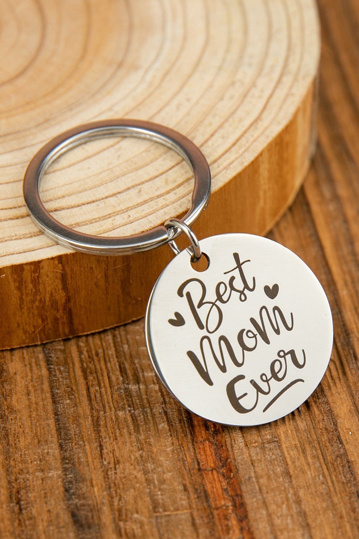 Silver Best Mom Ever Stamped Keychain