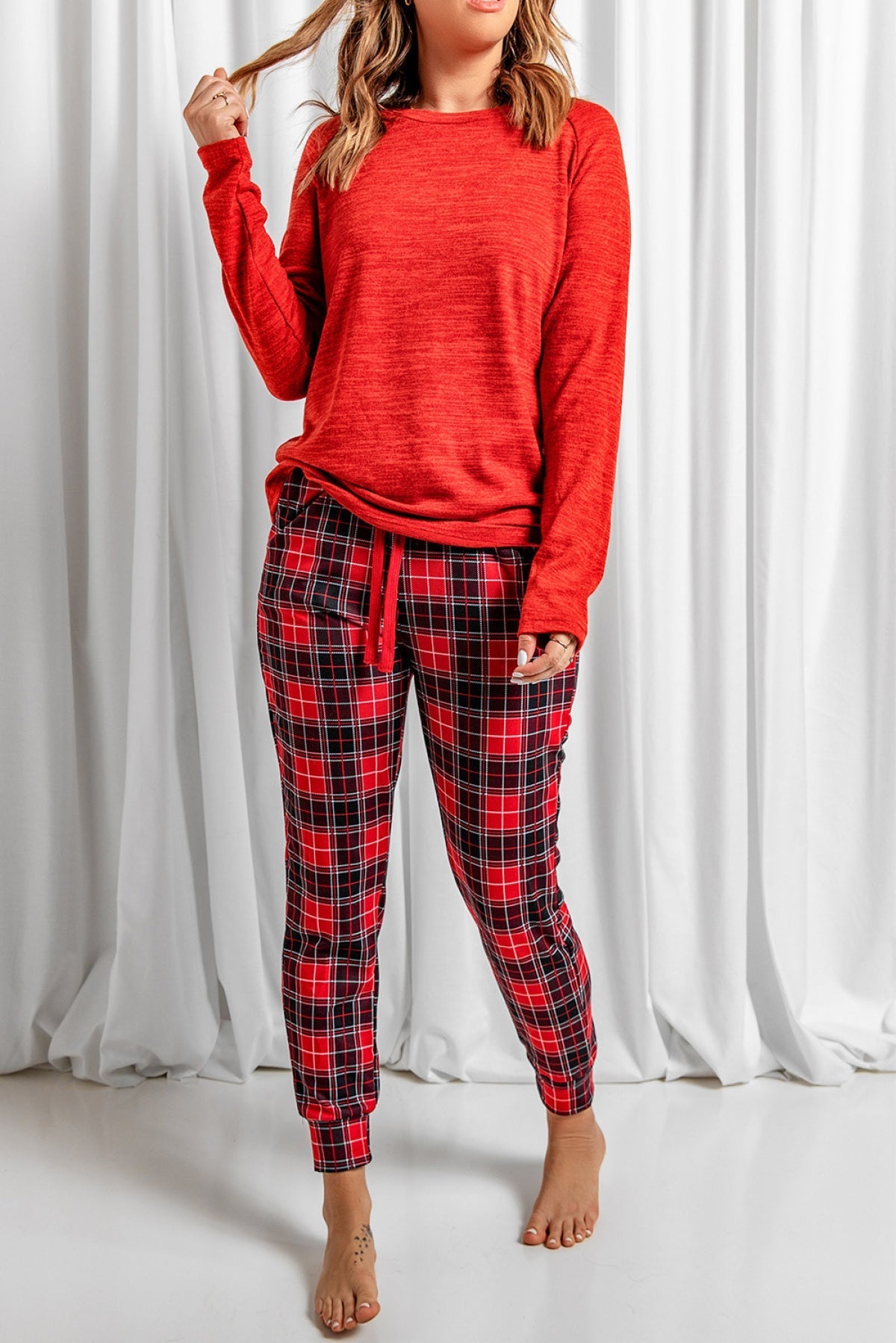 Solid Long Sleeve Top And Plaid Pants Loungewear