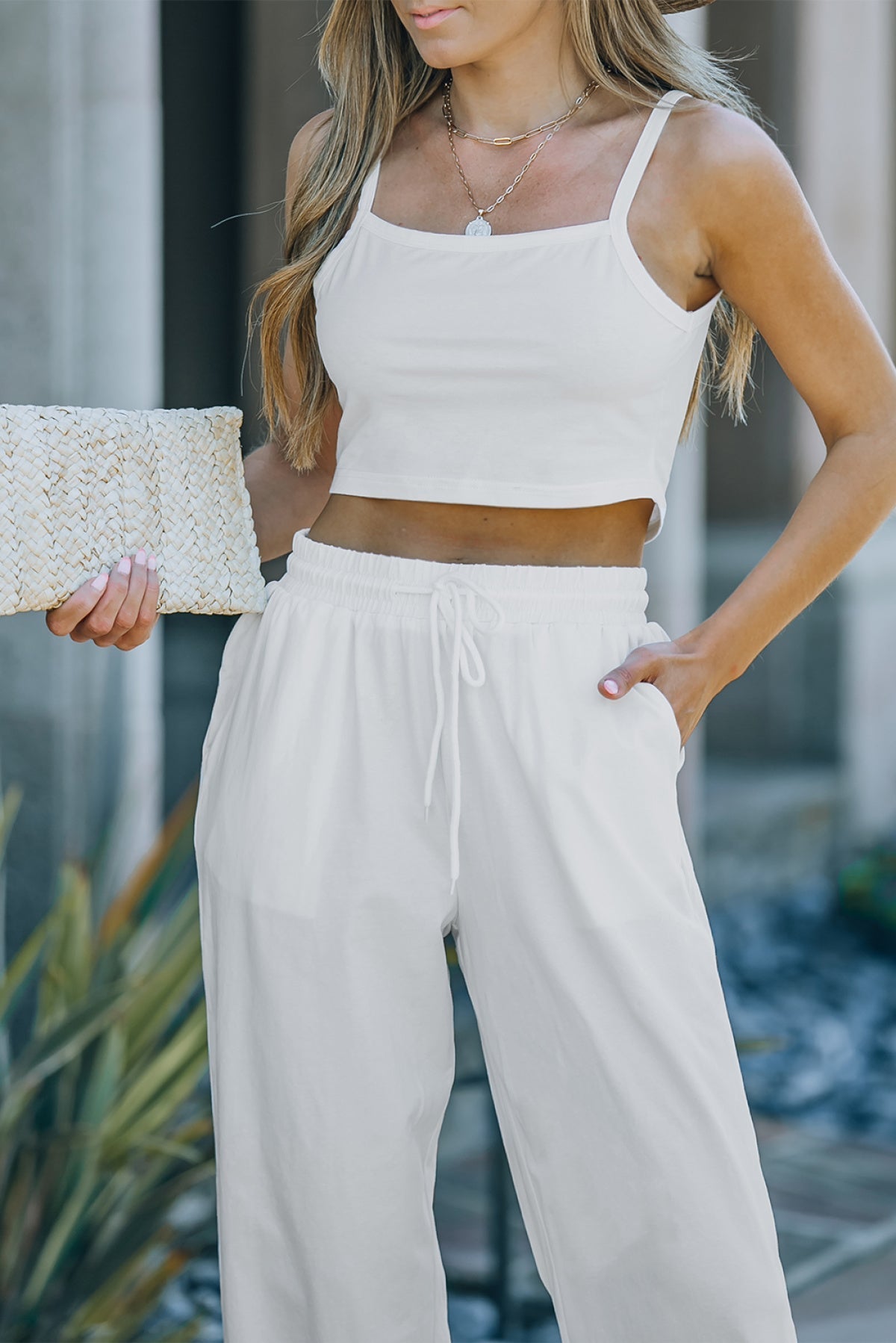 White Cropped Cami Top And High Waist Pants Two Piece Set