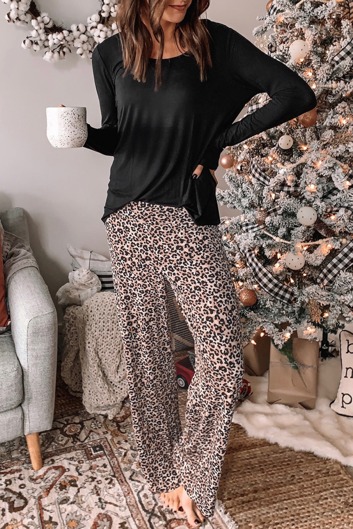 Long Sleeve Top And Leopard Print Pants Lounge Set