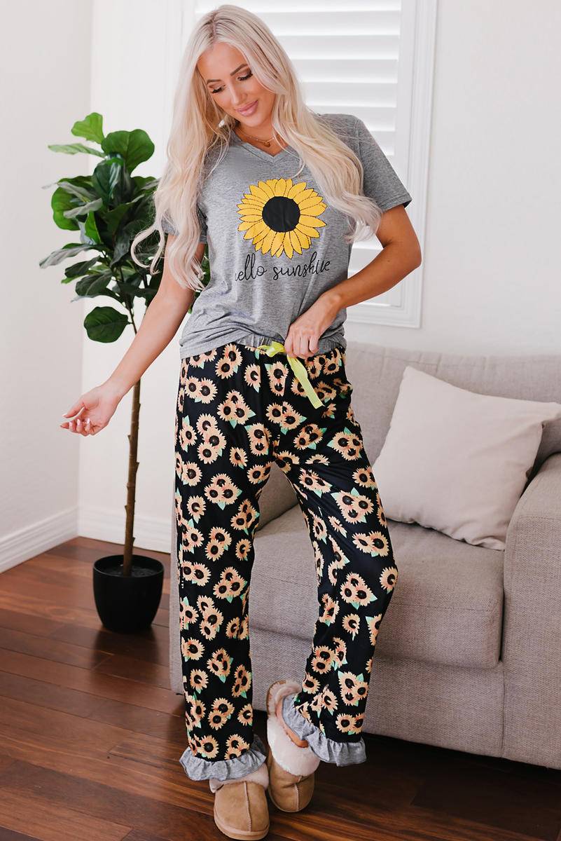 Sunflower Hello Sunshine Print Tee And Pants Lounge Set