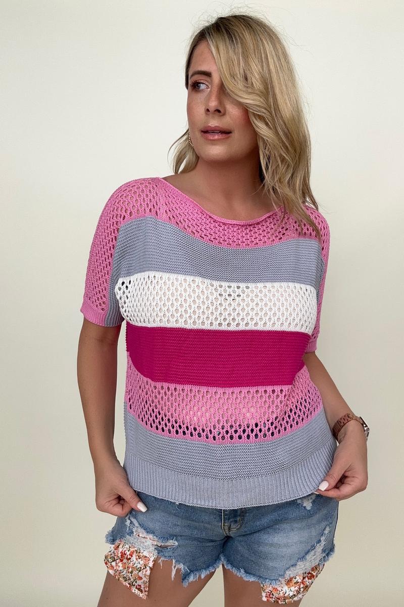 Knitted Eyelet Colorblock Striped Half Sleeves Top