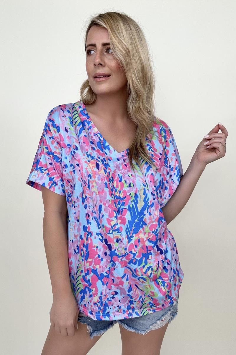 Oversized Watercolor Floral V Neck Tee